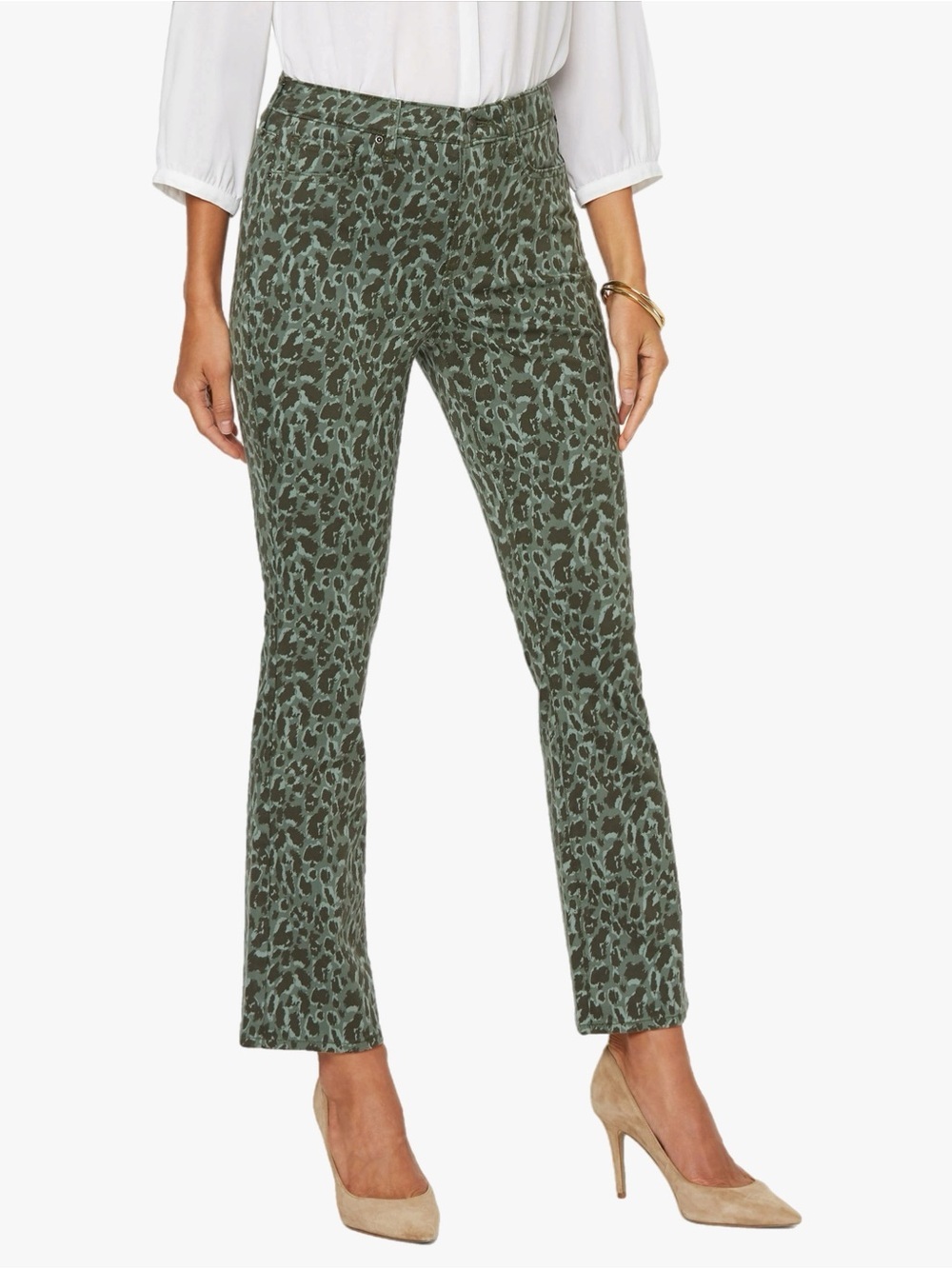 NYDJ Animal Print High Waist Slim Bootcut Jeans Olive Cat Women’s Size 10